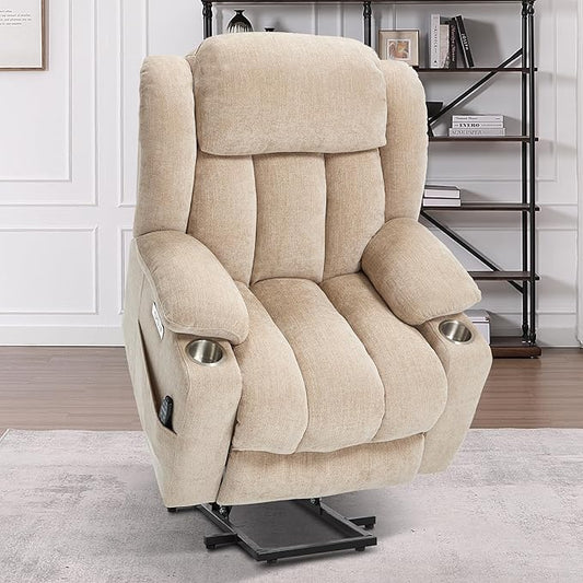 Power Lift Chair for Elderly, Electric Recliner Chair with 8-Point Vibration Massage and Lumbar Heating, Charging Ports, Cup Holders, Standing Assistance Reclining - Ivory White