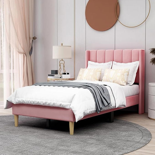 AGARTT Upholstered Platform Bed Frame Twin Size with Headboard and Footboard/Wooden Slats Support/No Box Spring Needed/Easy Assembly,Pink Velvet