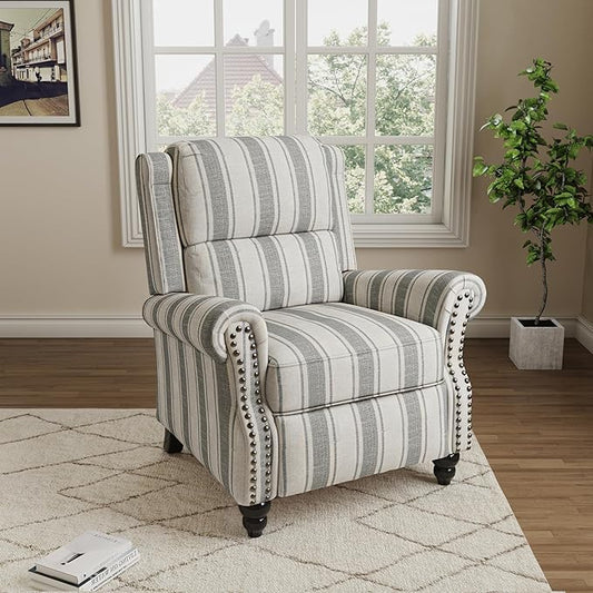 Pushback Recliner Chair, Comfy Fabric Wingback Recliner Chair, Upholstered Armchair Push Back Recliner with Wood Legs, Rivet Trim Single Sofa Accent Chair for Living Room, Bedroom, Gray Stripe