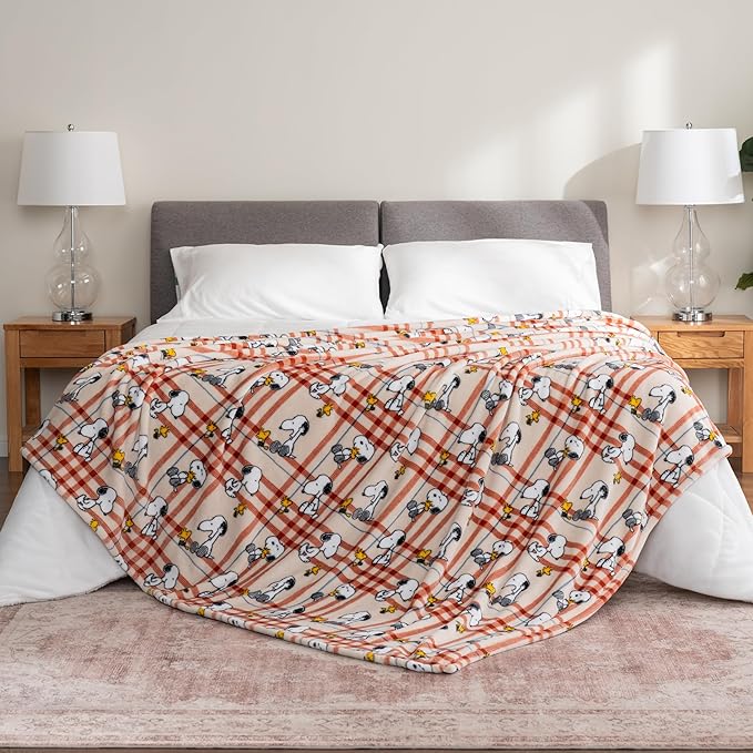 Berkshire Blanket Peanuts® VelvetLoft® Cute Character Snoopy Plush Blanket,Snoopy and Woodstock Wood Holiday Plaid Medium Tan,Full/Queen 90 in x 90 in (Official Peanuts® Product)