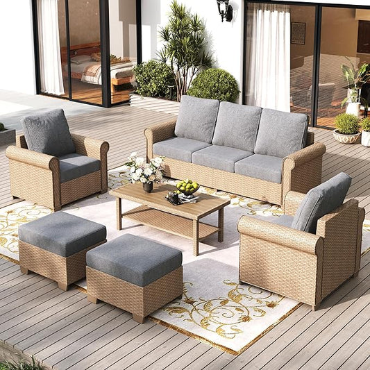 Patio Furniture Set 6 pcs, Wicker Rattan Outdoor Furniture with 5.5” Thick Cushions, 3-Seat Sofa, 2 Chairs, 2 Ottomans and Coffee Table, Outdoor Conversation Set for Garden Backyard Deck, 7 Seats Grey
