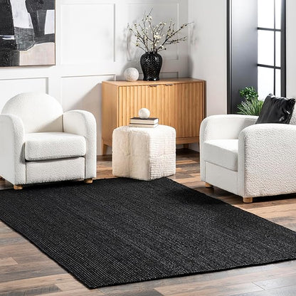 nuLOOM 9x12 Rigo Jute Hand Woven Area Rug, Black, Solid Farmhouse Design, Natural Fiber, For Bedroom, Living Room, Dining Room, Hallway, Office, Kitchen, Entryway