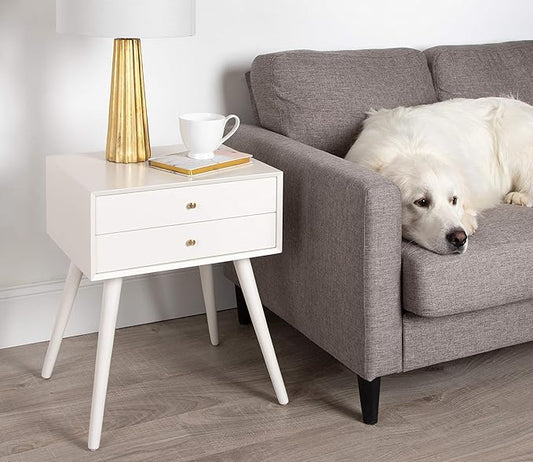 Kate and Laurel Finco Midcentury Modern Style Side Table with 2 Drawers, White Finish with Brass Hardware