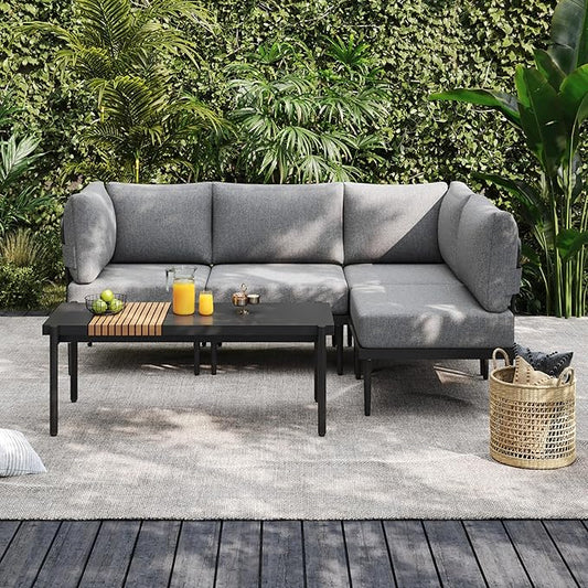 Sundale Outdoor 5 Pieces Metal Patio Furniture Set, Outdoor Sectional Sofa w/6 Inch Olefin Cushion and Coffee Table, Modern Outdoor Conversation Sets (4 Seats, Grey Frame)