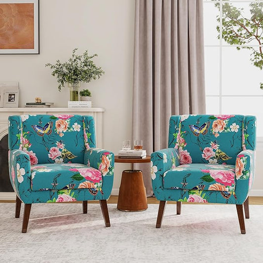 Accent Chairs Set of 2, Modern Fabric Armchairs for Living Room, Comfy Upholstered Arm Chairs Tufted for Indoor Bedroom Office Room (Pattern Blue)