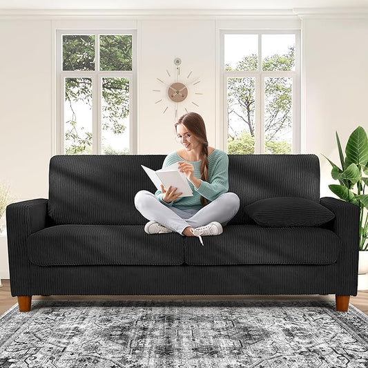 70in Corduroy Couch, Kidirect Sofa No Tool Assembly, Comfy Couches for Living Room 21in Deeper Seats, Corduroy Sofas for Living Room with 2 Pillows, Oversized Loveseat Sofa, Boho Love Seat Black Couch