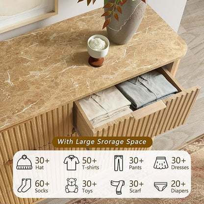 win2win 9 Drawer Dresser, Mid Century Modern Dresser with Storage, 55" Wide Fluted Chest of Drawers with Faux Marble Top, Dressers TV Stand, Drawers Organizer for Bedroom, Living Room, Hallway Oak