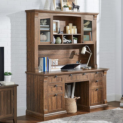 OKD Farmhouse Hutch for 60" Executive Desk, Office Desk Storage Cabinet with Glass Doors and Shelves, Top Hutch Organizer for Home Office - Reclaimed Barnwood