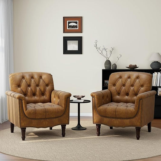 UIXE Faux Leather Accent Chairs Set of 2, Comfy Club Chair Upholstered Armchair for Living Room, Button Tufted Arm Chair Retro Single Sofa Side Reding Seat for Bedroom - Camel