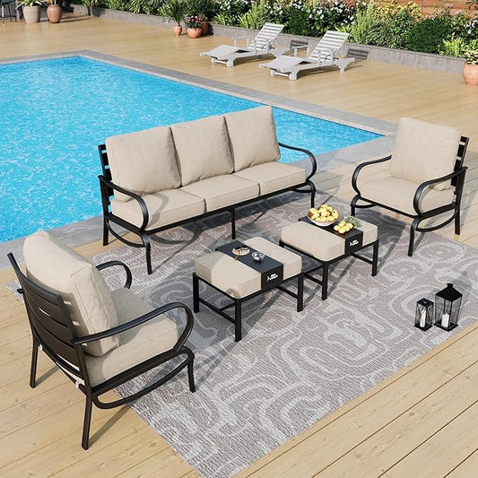 PHI VILLA Patio Furniture Set for 5 Person, Outdoor Furniture with 1 x 3 Seater Cushioned Deep Seating Bench, 2 x Armrest Sofa Chairs & 2 x Metal Cushioned Ottoman