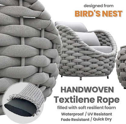 Woven Rope Patio Furniture Set: 4 Pieces Aluminum Outdoor Conversation Sofa Set Assembled - Modern Couch Set Cushioned - All Weather Metal Porch Seating for 5 Person Deck Garden Pool Hotel, Gray