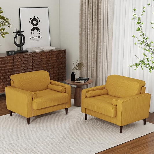 Oversized Accent Chair Set of 2, Corduroy Fabric Mid Century Modern Armchair with Large Seat for Living Room Bedroom Reading
