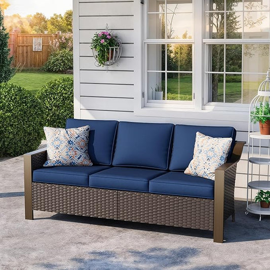 75" Patio Metal Wicker Sofa, 3-seat Deep Seat & Upholstered Couch, Outdoor All-Weather Rattan Loveseat with Washable Cushions, Steel Frame Couch, Garden (Navy Blue)