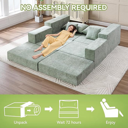 79" Boneless Loveseat Sofa Couch, Modular Foldable Floor Cloud Sofa with Ottoman, Lounge Convertible Sofa Bed for Living Room, No Assembly, Chenille Green