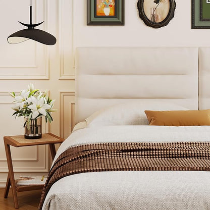 King Size Velvet Headboard Foldable Panels Backboard, Upholstered California King Head Board for Bedroom Adjustable Height from 42" to 56"-Ivory