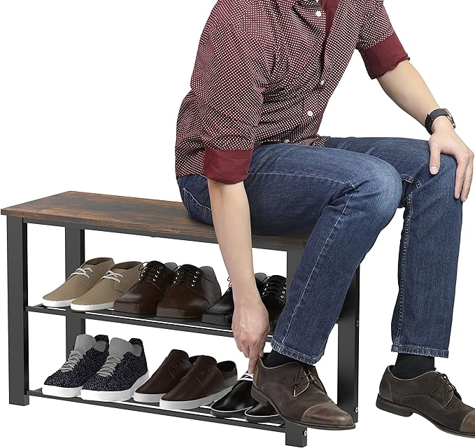 Simple Houseware Wood Top Shoe Storage Bench for Entryway, Rustic Brown
