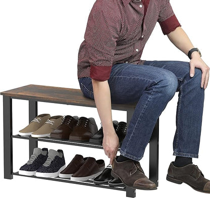 Simple Houseware Wood Top Shoe Storage Bench for Entryway, Rustic Brown