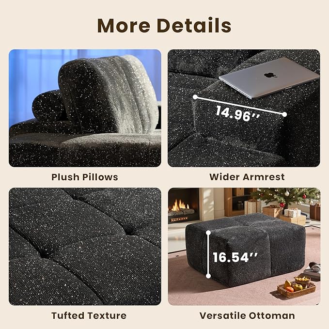 114" Glitter Cloud Sectional Couch with L-Shape Chaise & Ottoman, Modern Boneless Couches for Living Room, Fluffy Tufted Deep Seat Modular Sofa No Assembly (Gray Sparkly Velvet,Right Facing)