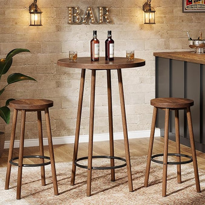 Tribesigns 3 Pieces Bar Table Set, 23.6" Round Pub Table, Small Bar Height Pub for 2, Industrial Home Bar Unit Set with 2 Stools for Kitchen, Dining Room, Living Room & Bistro, Rustic Brown