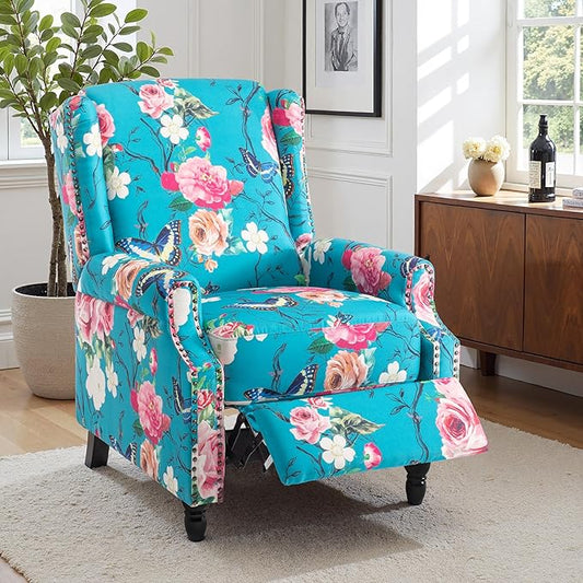 Pushback Recliner Chair, Floral Fabric Wingback Recliner Chair, Upholstered Armchair Push Back Recliner, Rivet Trim Single Sofa Accent Chair with Wood Legs for Living Room, Peacock Blue