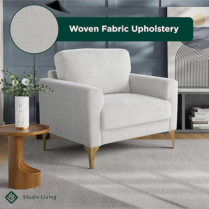 Studio Living® Matthew 39.8" Arm Chair, Mid-Century Modern, Pocket Coil Comfort, Metal Brushed Bronze Legs, Chenille Fabric, Ivory