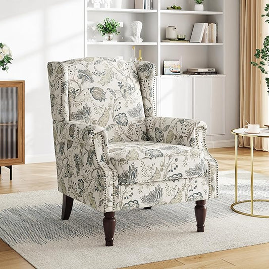 Floral Accent Chair, Retro Modern Farmhouse Wingback Armchair with High Back, Tufted Nailhead Trim & Solid Wood Legs, Upholstered Reading Chair for Living Room, Bedroom, Office (Plants Beige)