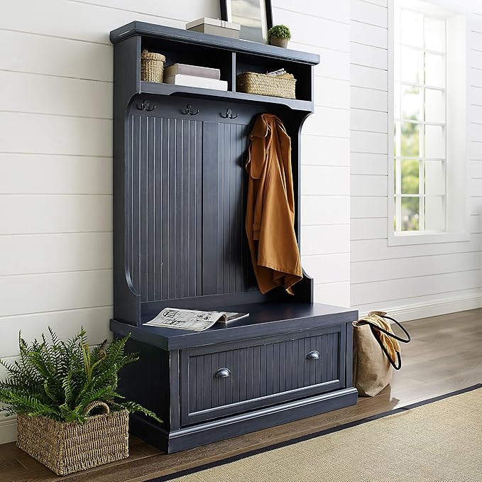 Crosley Furniture Seaside Hall Tree with Shoe Rack Bench and Coat Hooks for Hanging Storage, Distressed Navy