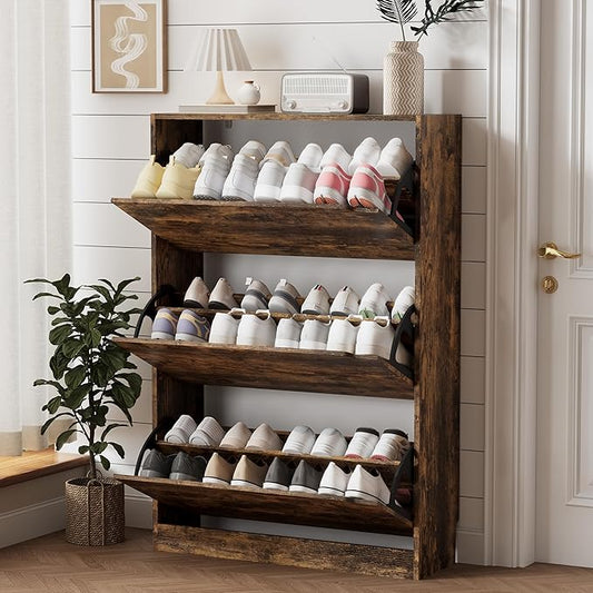 Shoe Storage Cabinet for Entryway with 3 Flip Drawers, Sturdy Wood Hidden Shoe Storage, Freestanding Narrow Slim Shoe Organizer for Front Door Entrance, Living Room, Hallway, Bedroom, Brown