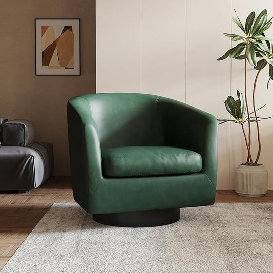 Lumibee Swivel Accent Chair, Faux Leather Swivel Barrel Chair for Living Room, Modern Comfy Upholstered Round Armchair Single Sofa Chair for Bedroom, Club-Green