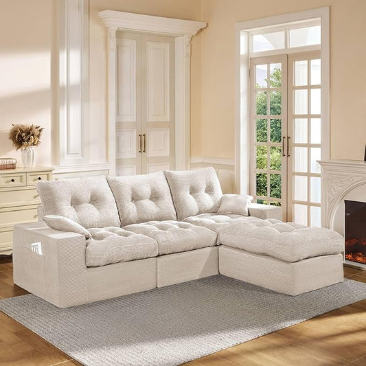 High Back Boneless Couch, L Shaped Cloud Couch with Versatile 2-Pack Pillow Blankets, Corduroy Modular Sectional Sofa with Ottoman, No Assemble Sectional Couches for Living Room, Warm White
