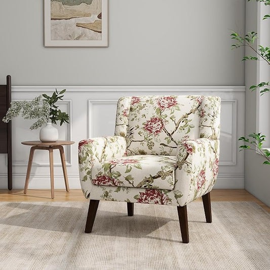 Accent Chair, Modern Linen Blend Arm Chair for Living Room, Bedroom, Comfy High-Resilient Sponge Reading Chair for Small Spaces (Pattern Red Floral, Set of 1)