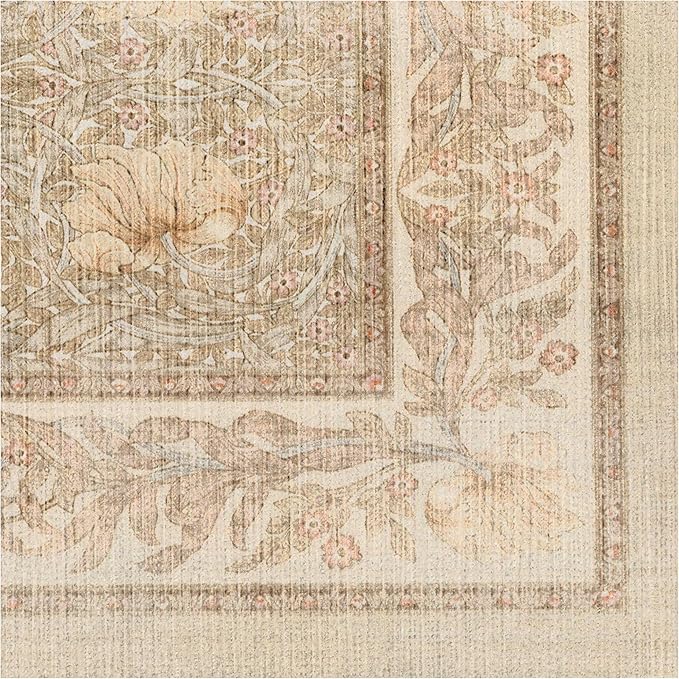 RUGGABLE x Morris & Co Machine Washable Runner Rug – Pimpernel Vintage Stone 2.5x7, Stain-Resistant, Non-Slip – Washable Rug for Hallway, Entryway, Living Room & Kitchen–with Standard Pad