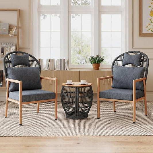 DAYRAUS Living Room Chairs, Accent Chairs Set of 2 with Coffee Table, Rattan Braid Arm Chair, Comfy Reading Lounge Chair, 3 Pieces Living Room Furniture Sets, Bedroom Armchair for Outdoor, Dark Gray