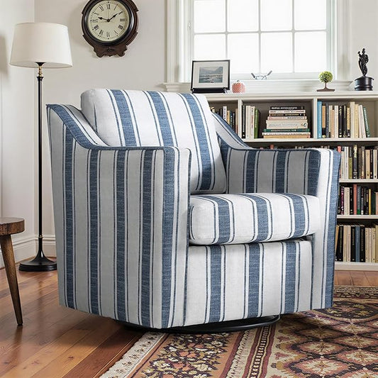 Pia Ricco 360° Swivel Accent Chair, Oversized Modern Striped Fabric Armchair with Removable Cover for Living Room and Reception,Navy