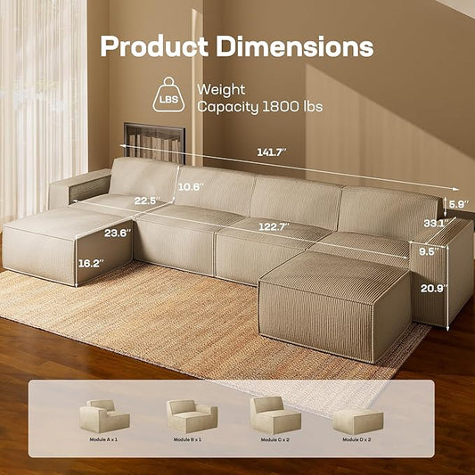 Marsail Modular Sectional Sofa, 142" U-Shaped Modular Sectional Couch with Deep Seat, Freely Combinable Sectional Clound Sofa for Living Room, No Assembly, Plush Corduroy Fabric, White