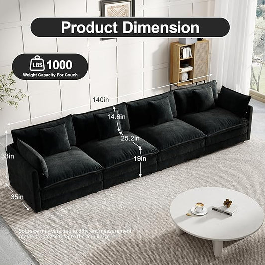 Modular Sectional Sofa, 146.5 Inch I-Shaped Cloud Sofa with Deep Seat Chenille Sofa with Cushions, Four Seater Sectional Sofa for Living Room Apartment,Black