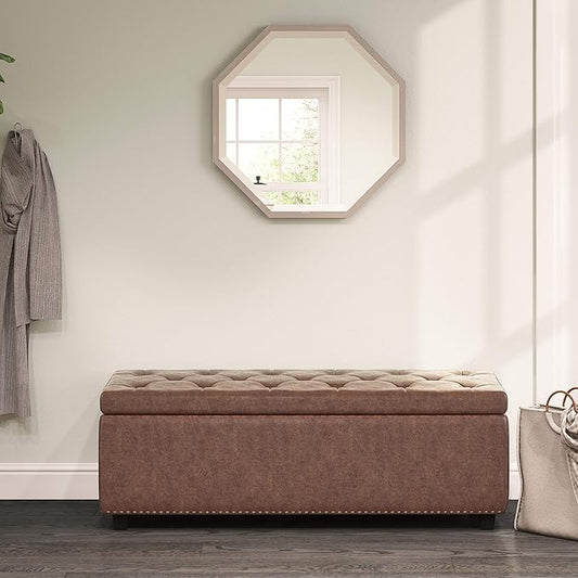 SIMPLIHOME Hamilton 48 inch Wide Transitional Rectangle Storage Ottoman in Distressed Umber Brown Vegan Faux Leather, Assembled, For the Living Room, Entryway and Family Room