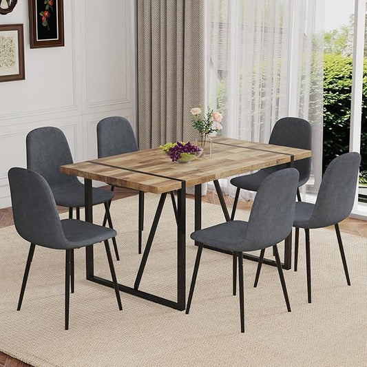 7 Piece Dining Table Set，Dinner Table Set for 6，55'' Kitchen Table and PU Leather Chairs Set of 6，6 Chair Dining Table Set for Kitchen Dining Room