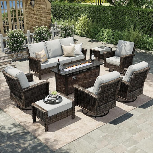HERA'S HOUSE 8-Piece Outdoor Furniture Set with Fire Pit Table, Patio Conversation Set with 5.5" Thick Cushions & High Back Swivel Chairs, All-Weather Wicker Deep Seating Sofa with Ottomans, Grey