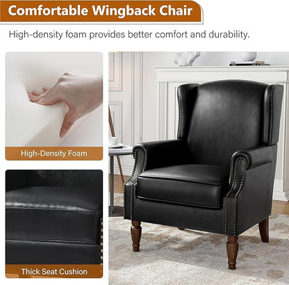 Faux Leather Wingback Accent Chair, High Back Upholstered Armchair, Comfy Fabric Wingback Arms Chairs with Solid Wood Legs, Single Sofa Reading Chair for Bedroom Living Room, Black