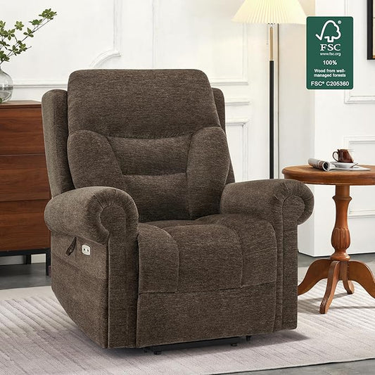 MCombo Triple Motor Power Lift Recliner Chair with Massage and Lumbar&seat Heating, Rolled Arms, Adjustable Headrest for Elderly People, Fabric 7888 (Coffee, Medium)