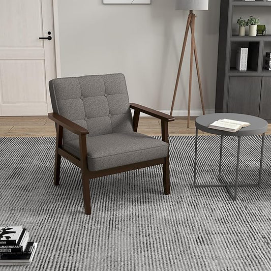 KCC Mid-Century Modern Linen Fabric Accent Chair, Upholstered Tufted Leisure Chair Comfy Reading Side Chair with Armrest and Solid Wood Frame for Living Room Bedroom Balcony(Gray)