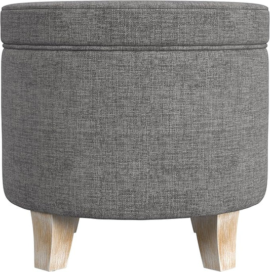 HomePop Upholstered Round Storage Ottoman|Homepop Home Décor|Upholstered Round Foot Rest Ottoman -Gray Woven