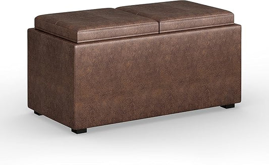 SIMPLIHOME Avalon 35 inch Wide Contemporary Rectangle 5 Pc Storage Ottoman in Distressed Chestnut Brown Vegan Faux Leather, Assembled, For the Living Room, Entryway and Family Room