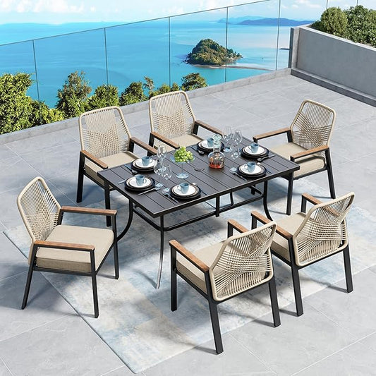 Patio Dining Chairs Set of 6, Heavy-Duty Woven Rope Outdoor Chairs with Waterproof Cushion and Wrought Iron Frame, All-Weather Outside Seating for Kitchen Garden Deck Backyard