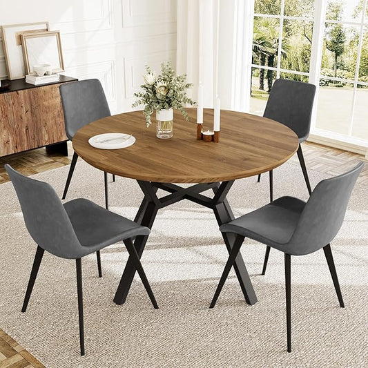 Extendable Round Dining Table Set for 4-6 People, 43.3"-59.1" Extendable Kitchen Table with 4 Upholstered Chairs, Space Saving for Kitchen Dining Room (Walnut Table+4 Grey Chairs)