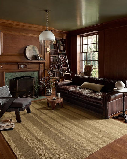 Loloi Leanne Ford Weatherstaff Collection WTS-03 Natural/Olive 2'-6" x 9'-9" Runner Rug Jute, Striped, Neutral, Hallway, Kitchen, Mudroom, and Bathroom