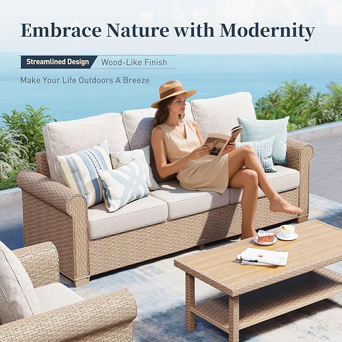 Patio Furniture Set 2 pcs, Rattan Outdoor Chairs with 5.5” Thick Waterproof Cushions, All Weather Wicker Conversation Set for Garden Backyard Deck, Beige