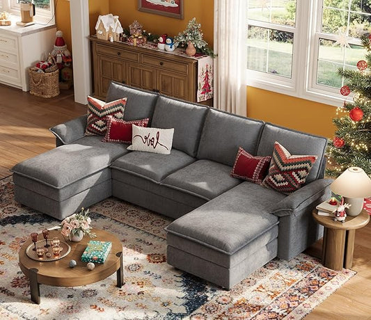 LINSY HOME U Shaped Cloud Couch Sectional Sofa, 115" Modular Couches with Double Chaise Lounge, Chenille 4 Seater Sofa Set for Living Room, Apartment, Office, Grey
