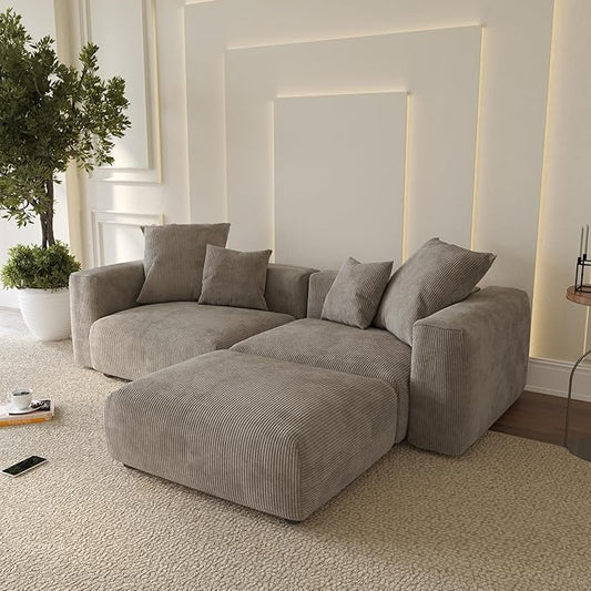 WJShome Cloud Couch Modular Sectional Sofa,102inch L Shaped Sofa with Ottoman,Brown 3 Seater Corduroy Couch,Convertible Sectional Sofa for Living Room,Cushion Covers Removable& Washable